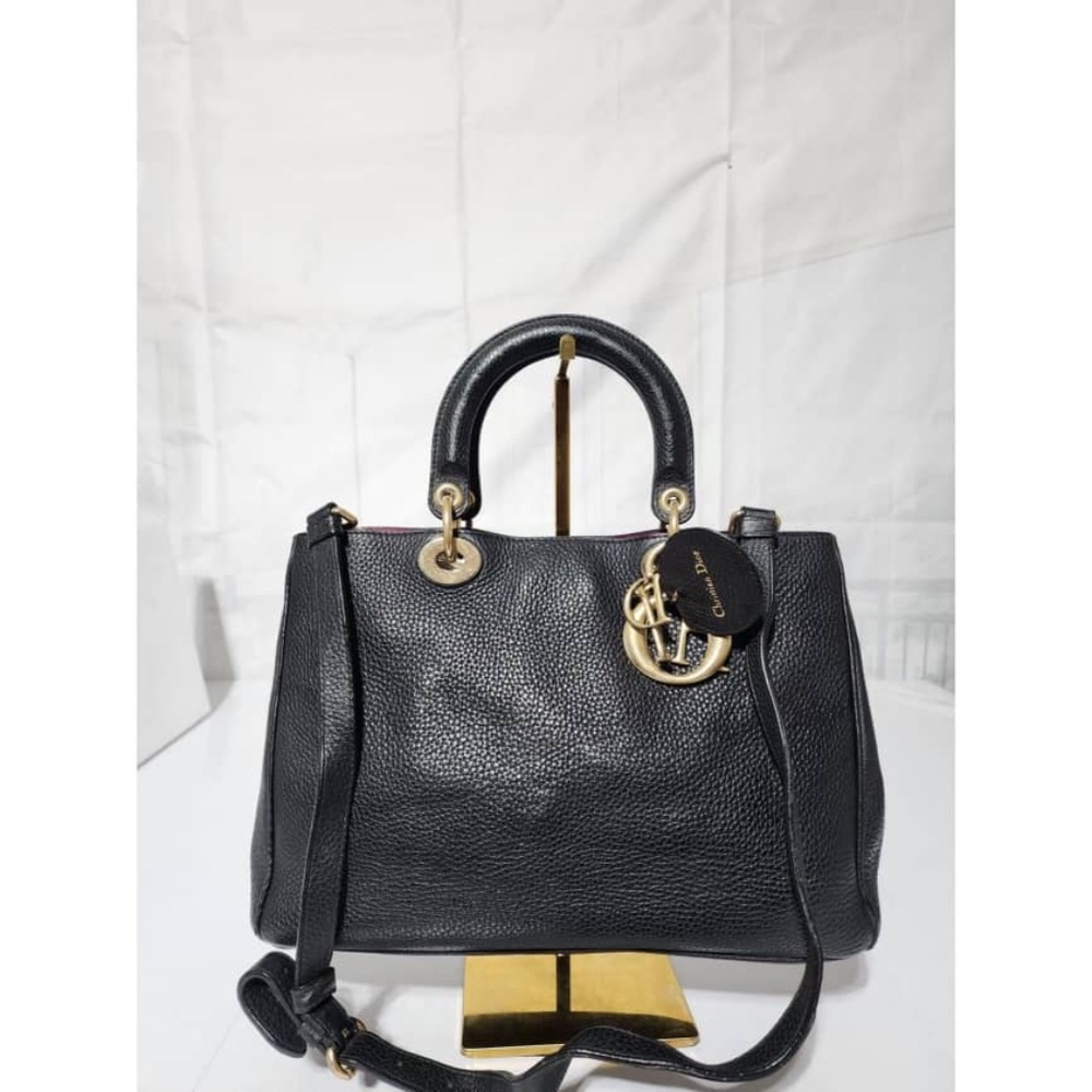 Authentic CHRISTIAN DIOR Pebbled Leather Medium Diorissimo Tote Bag Black
